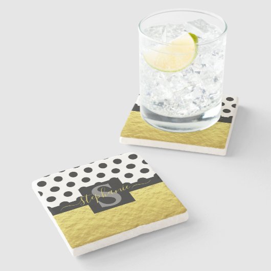 金ゴールドカスタムモノグラムブラックドットスクリプト名 ストーンコースター (横)