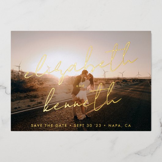 金ゴールドカスタム名モダンPhoto日付の保存 箔招待状 (正面)