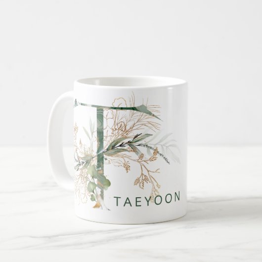 金ゴールドカスタム植物性ユーカリプトゥスモノグラム"T" コーヒーマグカップ (正面左)