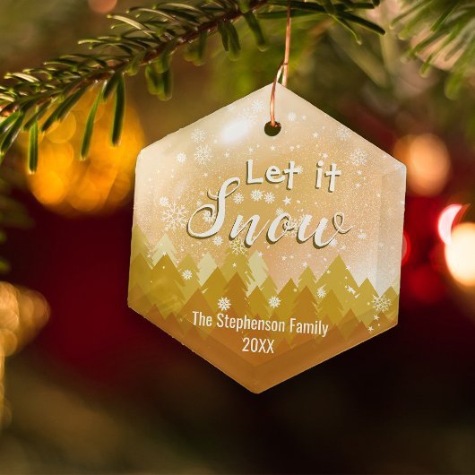 金ゴールドカスタム雪の森メリークリスマス ガラスオーナメント