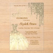 金ゴールドカッコいいグリッタードリップスドレスグリーンスウィート16 アクリル招待状 (正面)