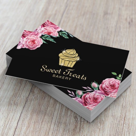 金ゴールドカップケーキベーカリースイートトリートモダンフローラ 名刺