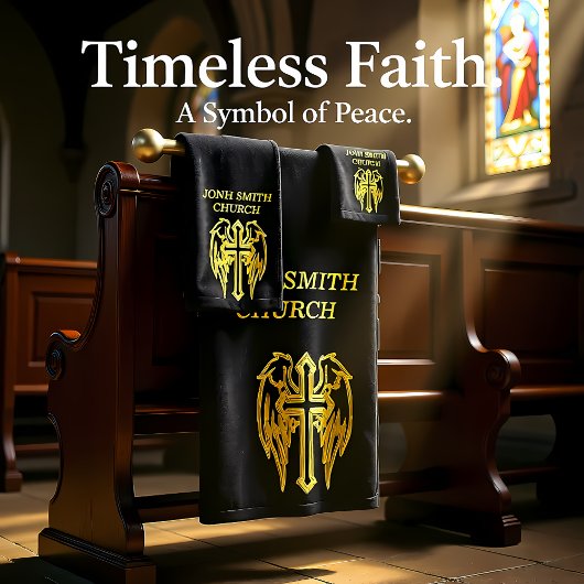 金ゴールドカトリックの羽の付いた十字架 バスタオルセット