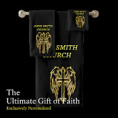 金ゴールドカトリックの羽の付いた十字架 バスタオルセット