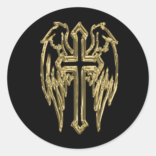 金ゴールドカトリックの羽の付いた十字架 ラウンドシール (正面)