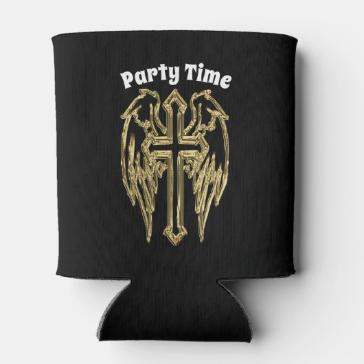 金ゴールドカトリックの羽の付いた十字架 缶クーラー (裏面)