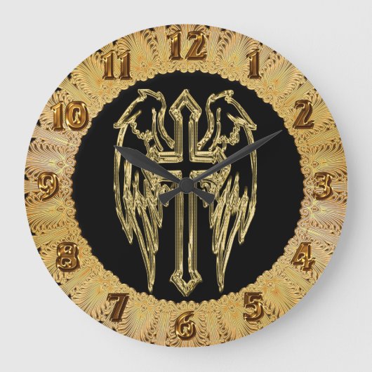 金ゴールドカトリック十字架 ラージ壁時計 (正面)