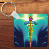 金ゴールドカドゥセウス医療シンボルアクアブルーターコイズ キーホルダー (正面)
