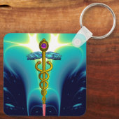 金ゴールドカドゥセウス医療シンボルアクアブルーターコイズ キーホルダー (裏面)