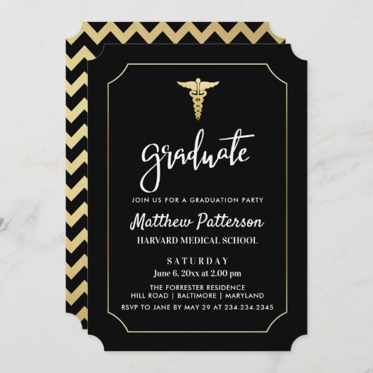 金ゴールドカドゥセウス医科大学院ブラック金ゴールド 招待状 (正面/裏面)