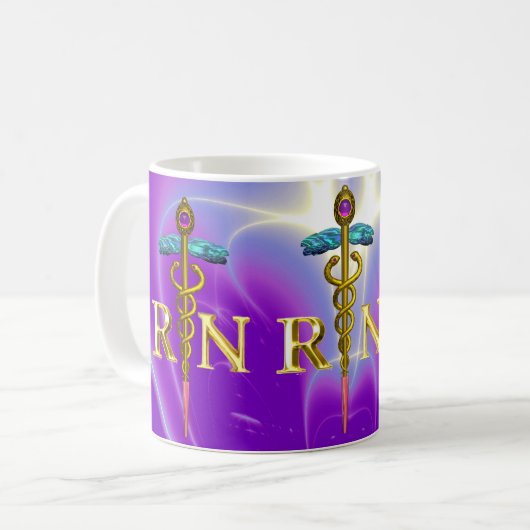 金ゴールドカドゥセウス登録ナースシンボルパープルティール(緑がかった色) コーヒーマグカップ (正面左)
