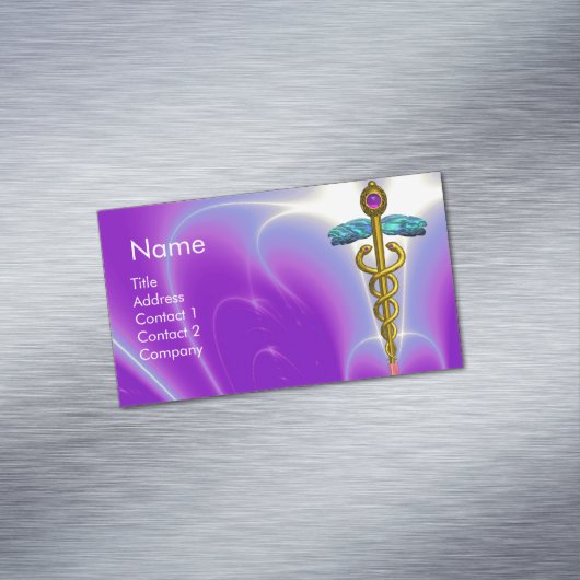 金ゴールドカドゥセウス記号/紫明るい赤紫色 マグネット名刺 (インサイチュ)