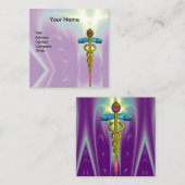 金ゴールドカドゥセウス、医師、医療サービスパープルティール(緑がかった色) スクエア名刺 (正面/裏面)