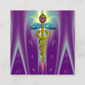 金ゴールドカドゥセウス、医師、医療サービスパープルティール(緑がかった色) スクエア名刺 (裏面)