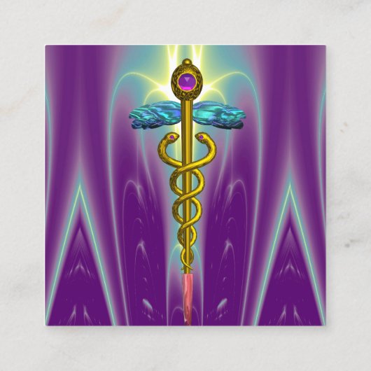 金ゴールドカドゥセウス、医師、医療サービスパープルティール（緑がかった色） スクエア名刺 (裏面)
