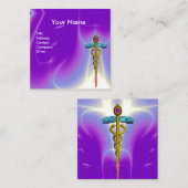 金ゴールドカドゥセウス、医師、医療サービス明るい紫 スクエア名刺 (正面/裏面)