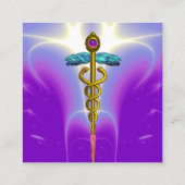 金ゴールドカドゥセウス、医師、医療サービス明るい紫 スクエア名刺 (裏面)