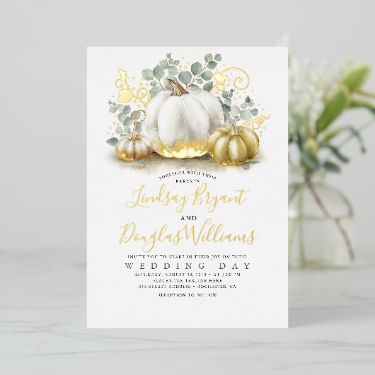 金ゴールドカボチャとユーカリ緑秋の結婚式 箔招待状 (立ち正面)