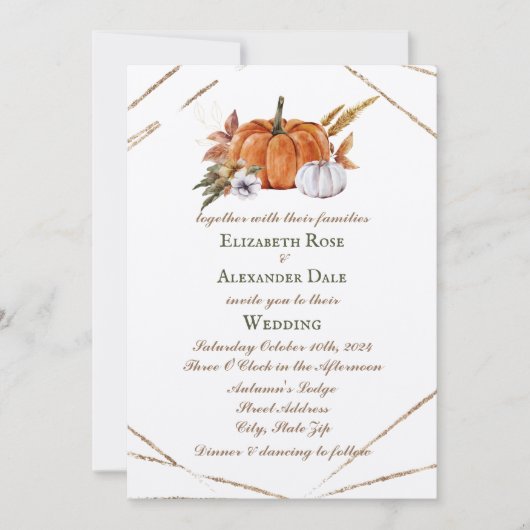 金ゴールドカボチャエレガント秋の結婚式幾何学 招待状 (正面)