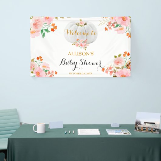 金ゴールドカボチャ秋ピンクフローラ赤ちゃんシャワー背景 横断幕 (トレードショー)