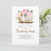 金ゴールドカボチャ赤面ピンクフローラ秋ブライダルシャワー 招待状 (スタンド正面)