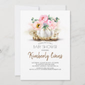 金ゴールドカボチャ赤面ピンクフローラ秋ベビーシャワー 招待状 (正面)