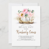 金ゴールドカボチャ赤面ピンクフローラ秋誕生日 招待状 (正面)