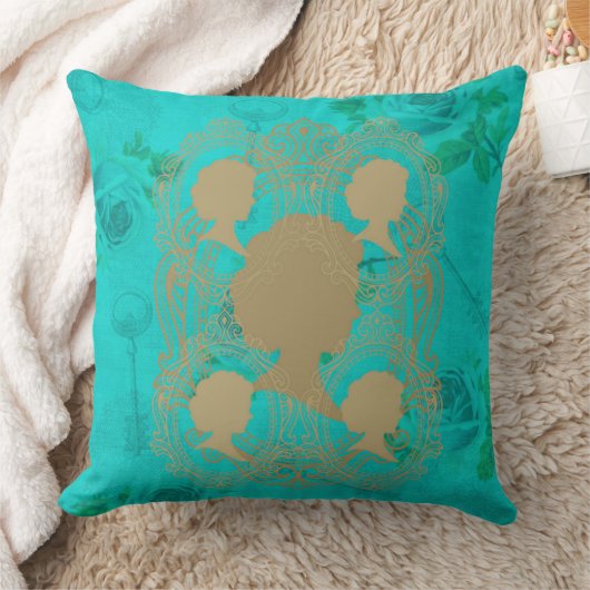 金ゴールドカメオレディースターコイズバラ&鍵スクエアピロー クッション (ブランケット)