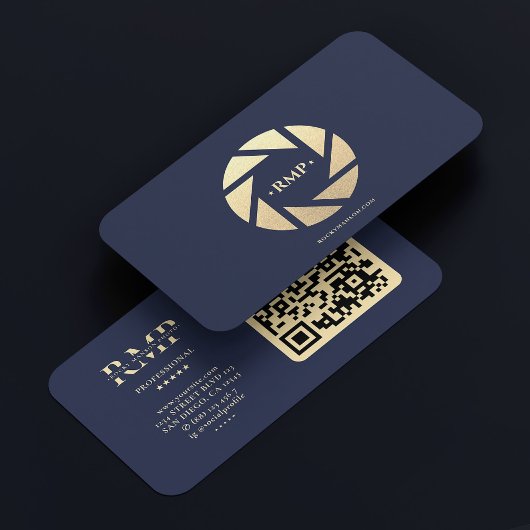 金ゴールドカメラレンズダークネイビーブルーフォトグラファー 名刺