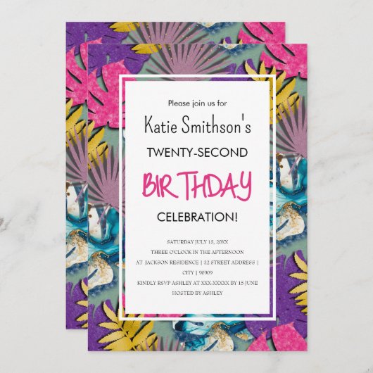 金ゴールドカラフルインビタ鮮やかットを持つ熱帯植物 招待状 (正面/裏面)