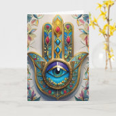 金ゴールドカラフルフィリグリーブルーグリーン三眼ハムザ カード (黄色い花)