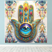 金ゴールドカラフルフィリグリーブルーグリーン三眼ハムザ キャンバスプリント (インサイチュ (ウッドフロア))