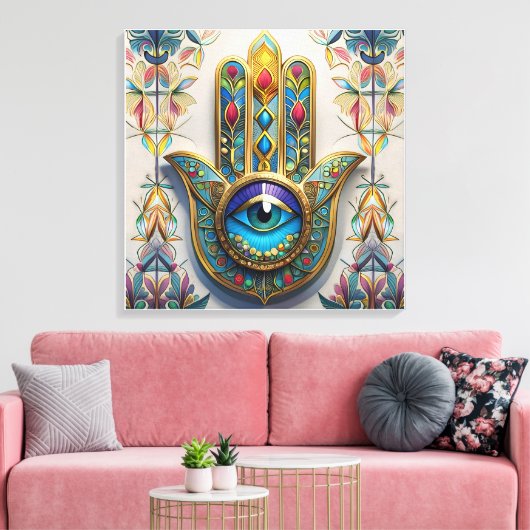 金ゴールドカラフルフィリグリーブルーグリーン三眼ハムザ キャンバスプリント (インサイチュ (リビング))