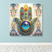 金ゴールドカラフルフィリグリーブルーグリーン三眼ハムザ キャンバスプリント (インサイチュ (ウッドフロア))