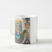 金ゴールドカラフルフィリグリーブルーグリーン三眼ハムザ コーヒーマグカップ (正面左)