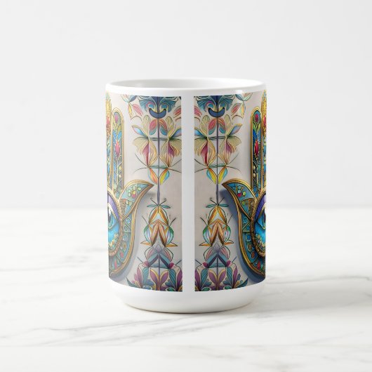 金ゴールドカラフルフィリグリーブルーグリーン三眼ハムザ コーヒーマグカップ (中央)