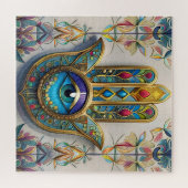 金ゴールドカラフルフィリグリーブルーグリーン三眼ハムザ ジグソーパズル (横)