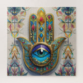 金ゴールドカラフルフィリグリーブルーグリーン三眼ハムザ ジグソーパズル (縦)