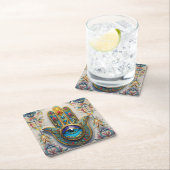 金ゴールドカラフルフィリグリーブルーグリーン三眼ハムザ スクエアペーパーコースター (インサイチュ)