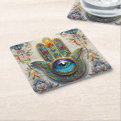 金ゴールドカラフルフィリグリーブルーグリーン三眼ハムザ スクエアペーパーコースター (アングル)