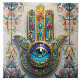 金ゴールドカラフルフィリグリーブルーグリーン三眼ハムザ タイル