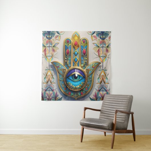 金ゴールドカラフルフィリグリーブルーグリーン三眼ハムザ タペストリー (インサイチュ)