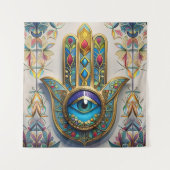 金ゴールドカラフルフィリグリーブルーグリーン三眼ハムザ タペストリー (正面)