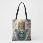 金ゴールドカラフルフィリグリーブルーグリーン三眼ハムザ トートバッグ (正面)