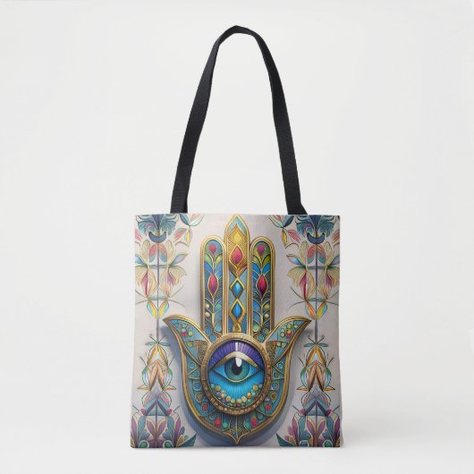 金ゴールドカラフルフィリグリーブルーグリーン三眼ハムザ トートバッグ (正面)