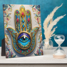 金ゴールドカラフルフィリグリーブルーグリーン三眼ハムザ フォトプラーク