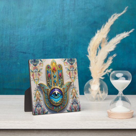 金ゴールドカラフルフィリグリーブルーグリーン三眼ハムザ フォトプラーク (インサイチュ)