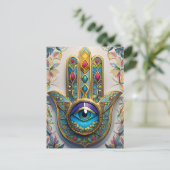 金ゴールドカラフルフィリグリーブルーグリーン三眼ハムザ ポストカード (スタンド正面)