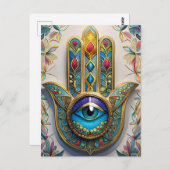 金ゴールドカラフルフィリグリーブルーグリーン三眼ハムザ ポストカード (正面/裏面)