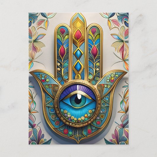 金ゴールドカラフルフィリグリーブルーグリーン三眼ハムザ ポストカード (正面)